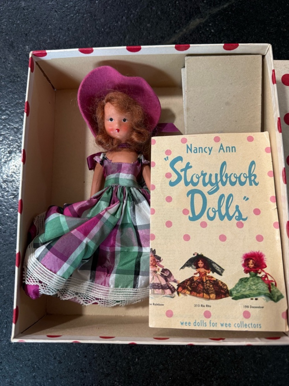 Vintage Nancy Ann Storybook Doll w/ Original Box – Plaid Dress & Pink Bonnet